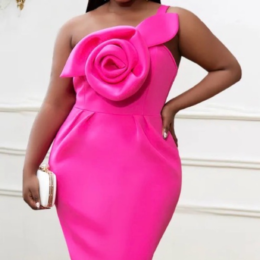 Aeomi 3D rose hot pink one shoulder midi dress 2X NWOT